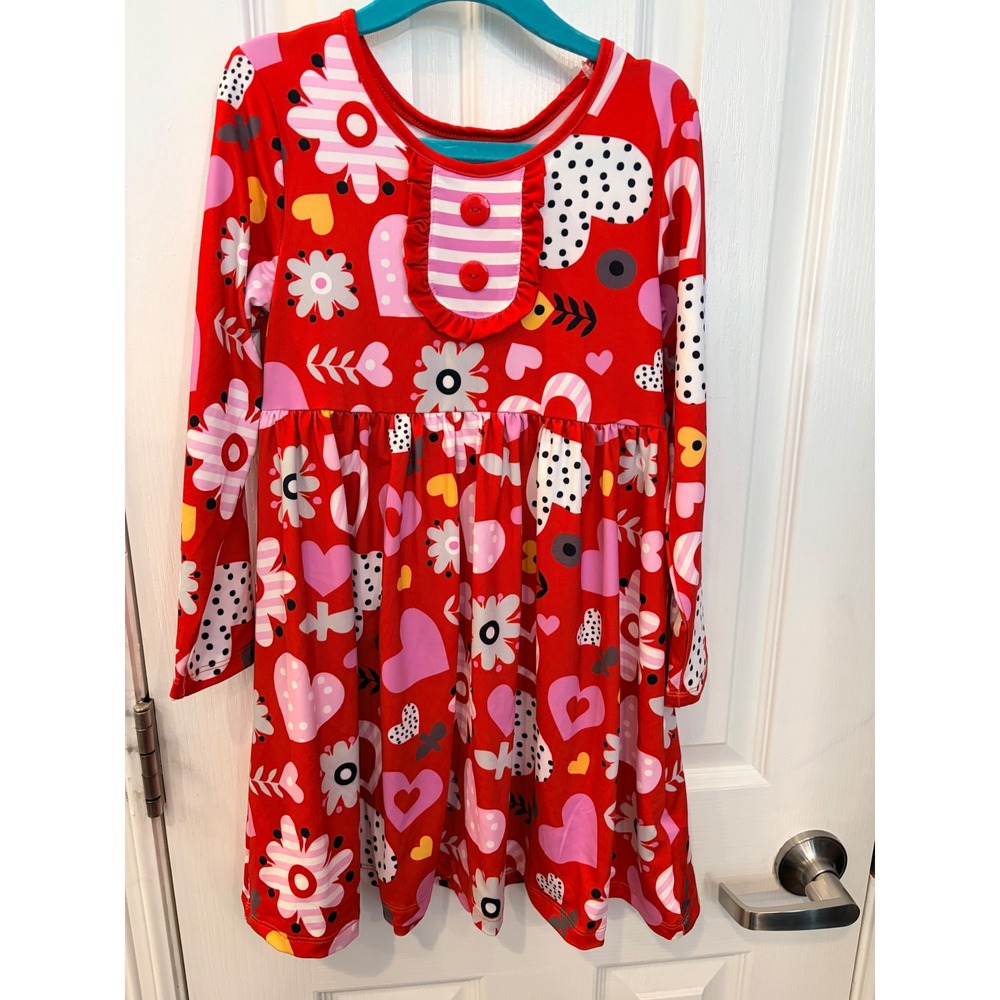 Millie Loves Lily Dress Red Heart Floral Print Ruffle Bib Long Sleeve Valentines